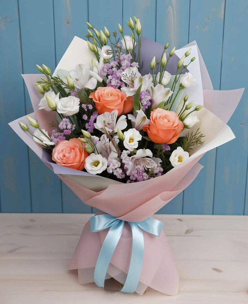 Букет цветов из: Лизиантусы, Розы, Альстромерии и Гипсофила в Архангельском Ставропольского края