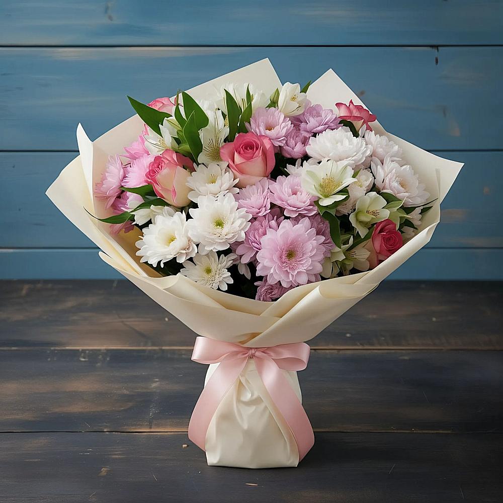 Букет цветов из: Хризантемы, Альстромерии и Розы в Архангельском Ставропольского края